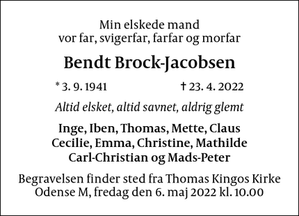 Dødsannoncen for Bendt Brock-Jacobsen - Odense