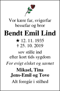 Dødsannoncen for Bendt Emil Lind - Tårnby