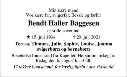 Dødsannoncen for Bendt Haller Baggesen - Hørsholm