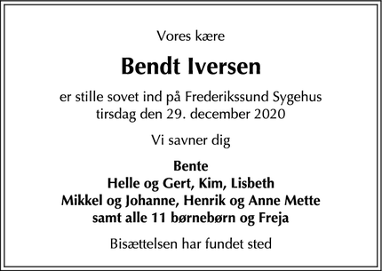 Dødsannoncen for Bendt Iversen - Hørsholm