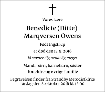 Dødsannoncen for Benedicte (Ditte) 
Marqversen Owens - Strandby