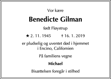 Dødsannoncen for Benedicte Gilman - Encino