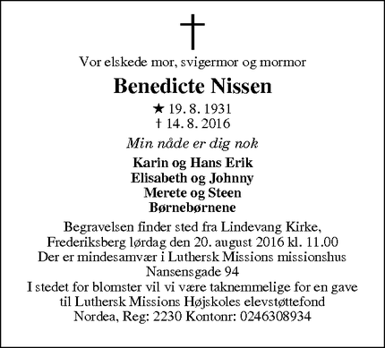Dødsannoncen for Benedicte Nissen - Frederiksberg