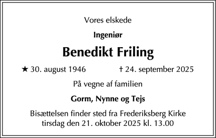 Dødsannoncen for Benedikt Friling - Frederiksberg