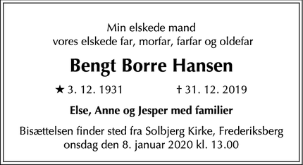 Dødsannoncen for Bengt Borre Hansen - Frederiksberg