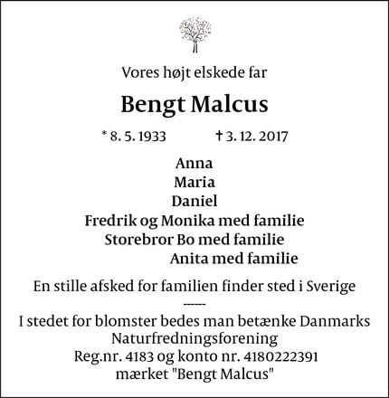 Dødsannoncen for Bengt Malcus - Frederiksberg