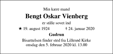 Dødsannoncen for Bengt Oskar Vienberg - Allerød