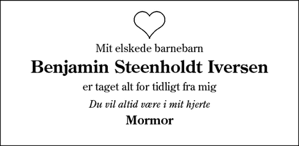 Dødsannoncen for Benjamin Steenholdt Iversen - Haderslev