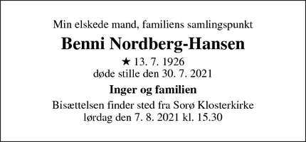 Dødsannoncen for Benni Nordberg-Hansen - Sorø