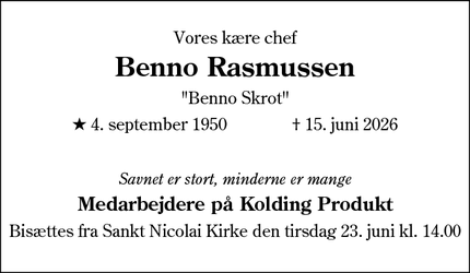 Dødsannoncen for Benno Rasmussen - Kolding