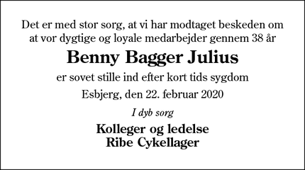 Dødsannoncen for Benny Bagger Julius - Ribe