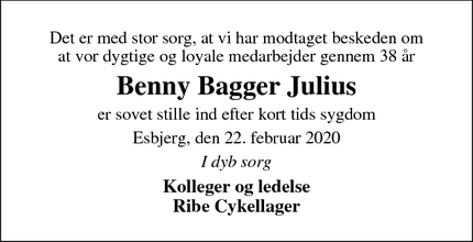 Dødsannoncen for Benny Bagger Julius - Ribe