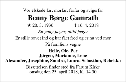 Dødsannoncen for Benny Børge Gamrath - Farum