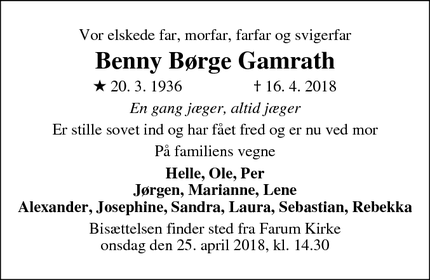 Dødsannoncen for Benny Børge Gamrath - Farum