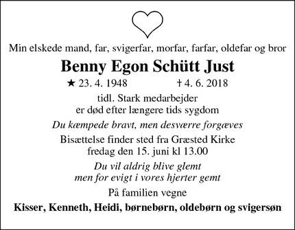 Dødsannoncen for Benny Egon Schütt Just - Smidstrup