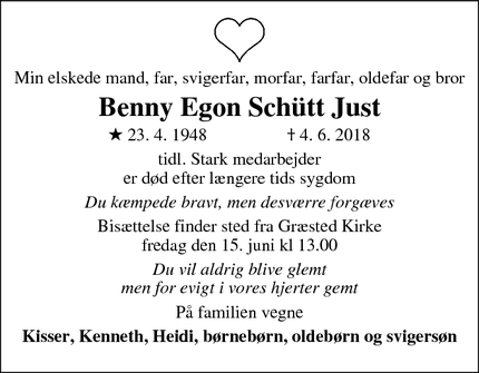 Dødsannoncen for Benny Egon Schütt Just - Smidstrup