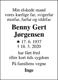 Dødsannoncen for Benny Gert
Jørgensen - Nr. Lyndelse