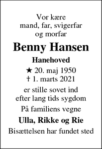 Dødsannoncen for Benny Hansen - Frederiksværk