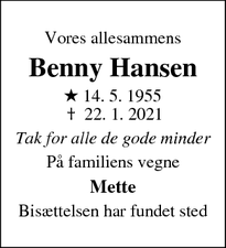 Dødsannoncen for Benny Hansen - Skævinge