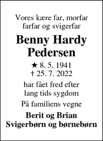 Dødsannoncen for Benny Hardy
Pedersen - Vejle