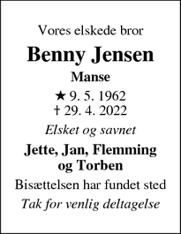Dødsannoncen for Benny Jensen - Næstved
