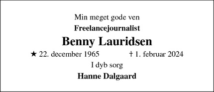 Dødsannoncen for Benny Lauridsen - Aarhus C