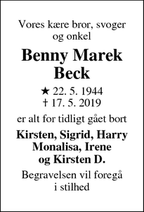 Dødsannoncen for Benny Marek Beck - Kolding