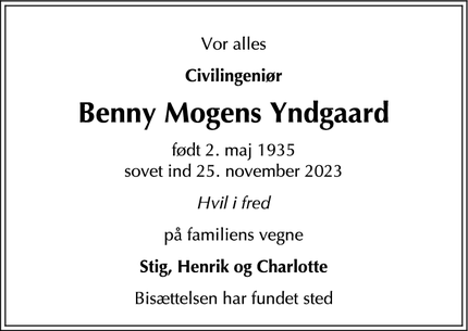 Dødsannoncen for Benny Mogens Yndgaard - Hellerup