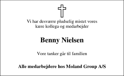 Dødsannoncen for Benny Nielsen - Stoholm
