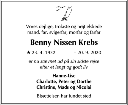 Dødsannoncen for Benny Nissen Krebs - København Ø