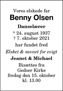 Dødsannoncen for Benny Olsen - Haslev tlf 2896 5896