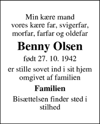 Dødsannoncen for Benny Olsen - Hvalsø