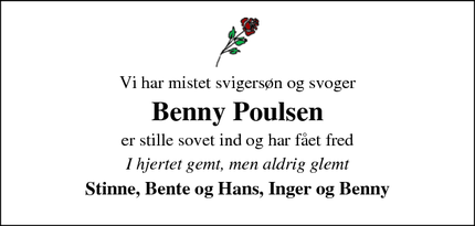Dødsannoncen for Benny Poulsen - Lemvig