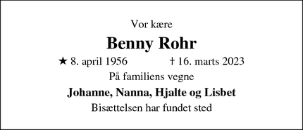 Dødsannoncen for Benny Rohr - Roskilde