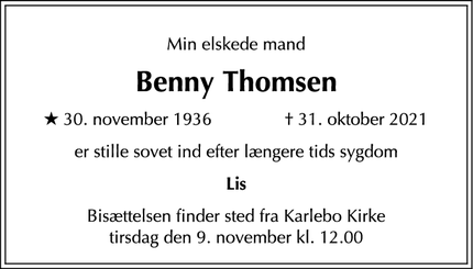 Dødsannoncen for Benny Thomsen - Karlebo, 2980 Kokkedal