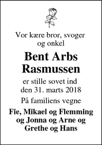 Dødsannoncen for Bent Arbs Rasmussen - Taulov
