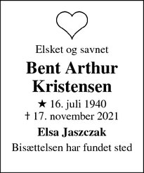 Dødsannoncen for Bent Arthur
Kristensen - Allerød