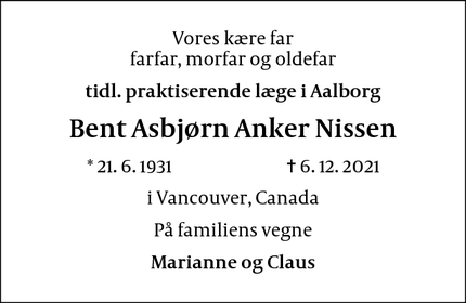 Dødsannoncen for Bent Asbjørn Anker Nissen - Brønderselv