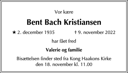 Dødsannoncen for Bent Bach Kristiansen - Rødovre