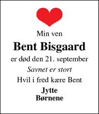 Dødsannoncen for Bent Bisgaard - Astrup, Danmark