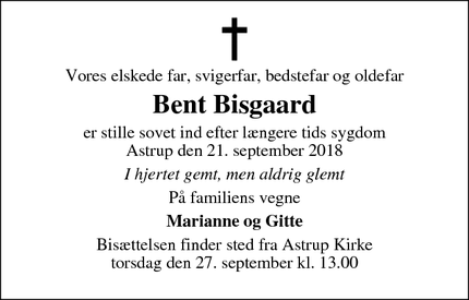 Dødsannoncen for Bent Bisgaard - Astrup
