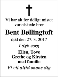 Dødsannoncen for Bent Bøllingtoft - Gelsted