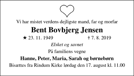 Dødsannoncen for Bent Bovbjerg Jensen - Ringkøbing