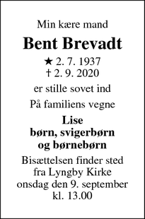 Dødsannoncen for Bent Brevadt - Kongens Lyngby