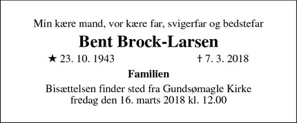 Dødsannoncen for Bent Brock-Larsen - Jyllinge