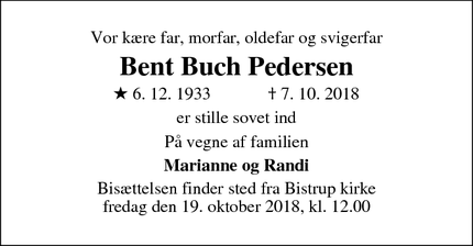 Dødsannoncen for Bent Buch Pedersen - Hørsholm