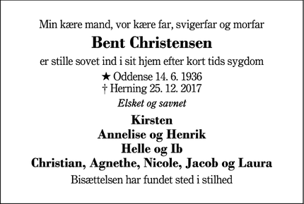 Dødsannoncen for Bent Christensen - Herning