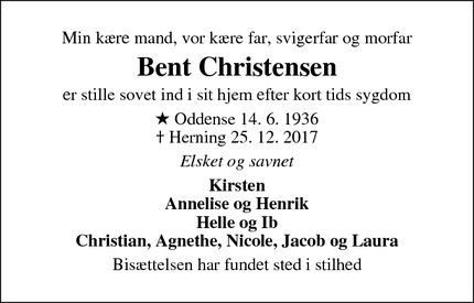 Dødsannoncen for Bent Christensen - Herning