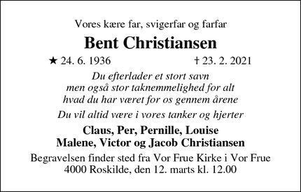 Dødsannoncen for Bent Christiansen - Vor Frue, Roskilde