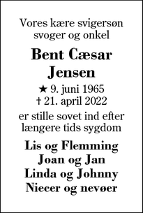 Dødsannoncen for Bent Cæsar
Jensen - Ikast